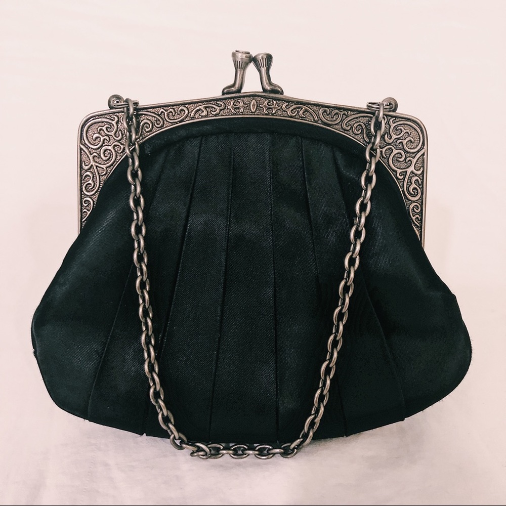 Small black satin clutch with ball clasp